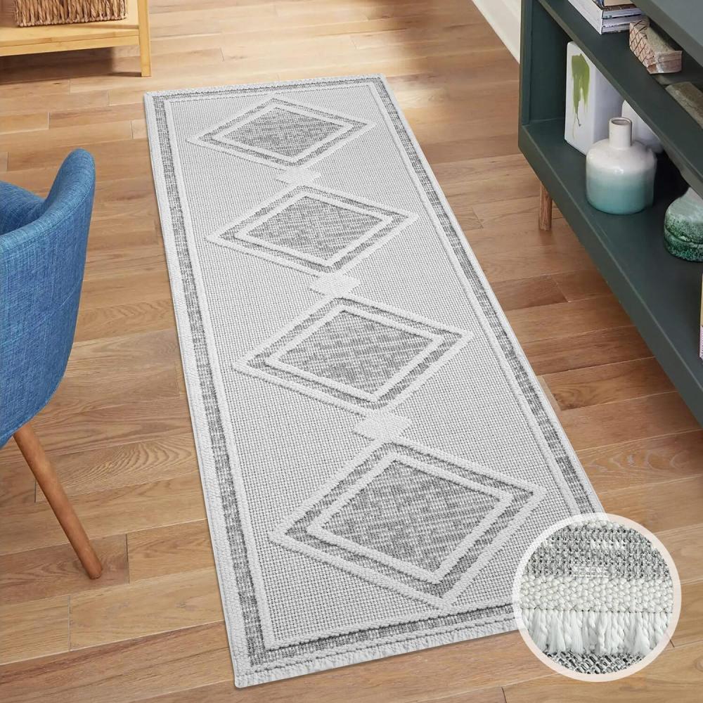 carpet city Teppich-Läufer Kurzflor Flur - Grau - 80x300 cm - Teppiche Fransen Boho-Style - Raute-Optik - Schlafzimmer, Wohnzimmer Bild 1