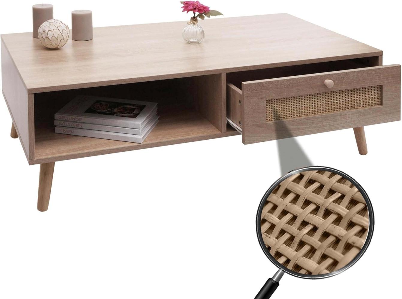 Couchtisch HWC-M39, Wohnzimmertisch Beistelltisch Sofatisch, Schublade Kubu Rattan Holz Melamin, 37x110x59cm Eiche-Optik Bild 1