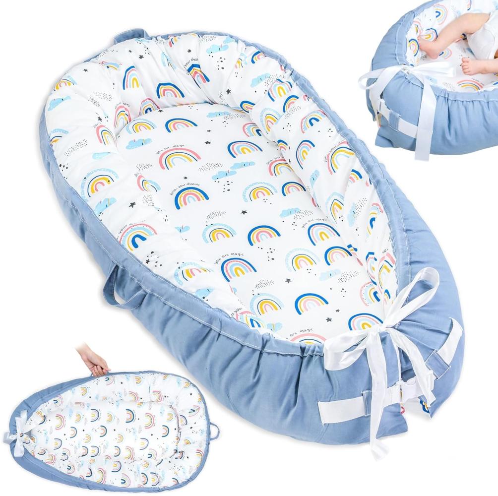 Babynest mit Tragegriff 90x50 cm - Nestchen Baby Set Babynestchen Neugeborene mit abnehmbarem Bezug mit Baumwolle Regenbogenmotiv Bild 1