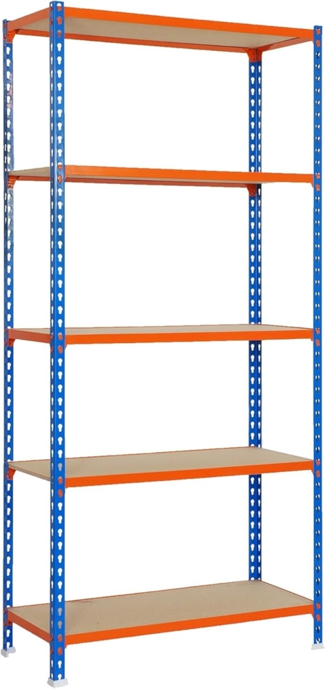 SimonRack Schwerlastregal, Lagerregal, 200 x 100 x 40 cm, Metallregal, Kellerregal, Biegestelle 150 kg, 5 Holzfachböden, Blau/Orange/Holz - Maderclick Bild 1