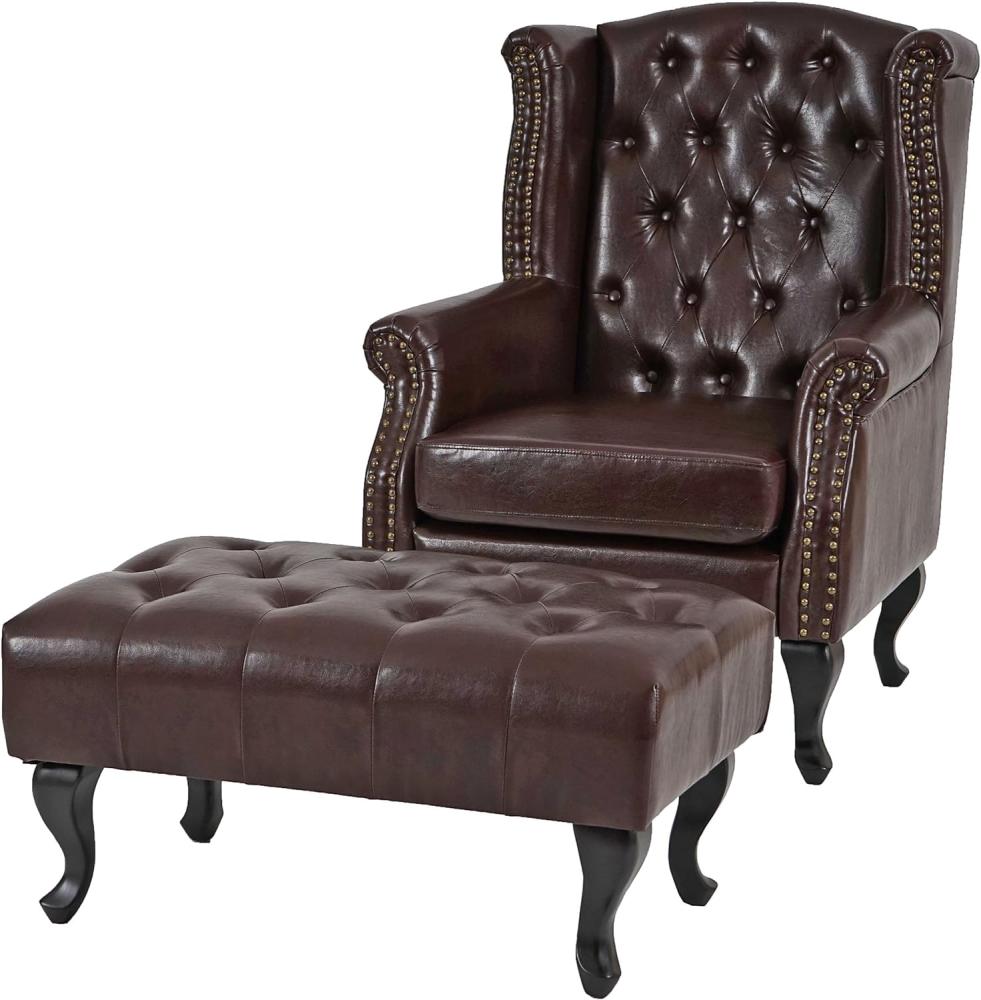 Sessel Relaxsessel Clubsessel Ohrensessel Chesterfield, Kunstleder ~ antik-braun mit Ottomane Bild 1