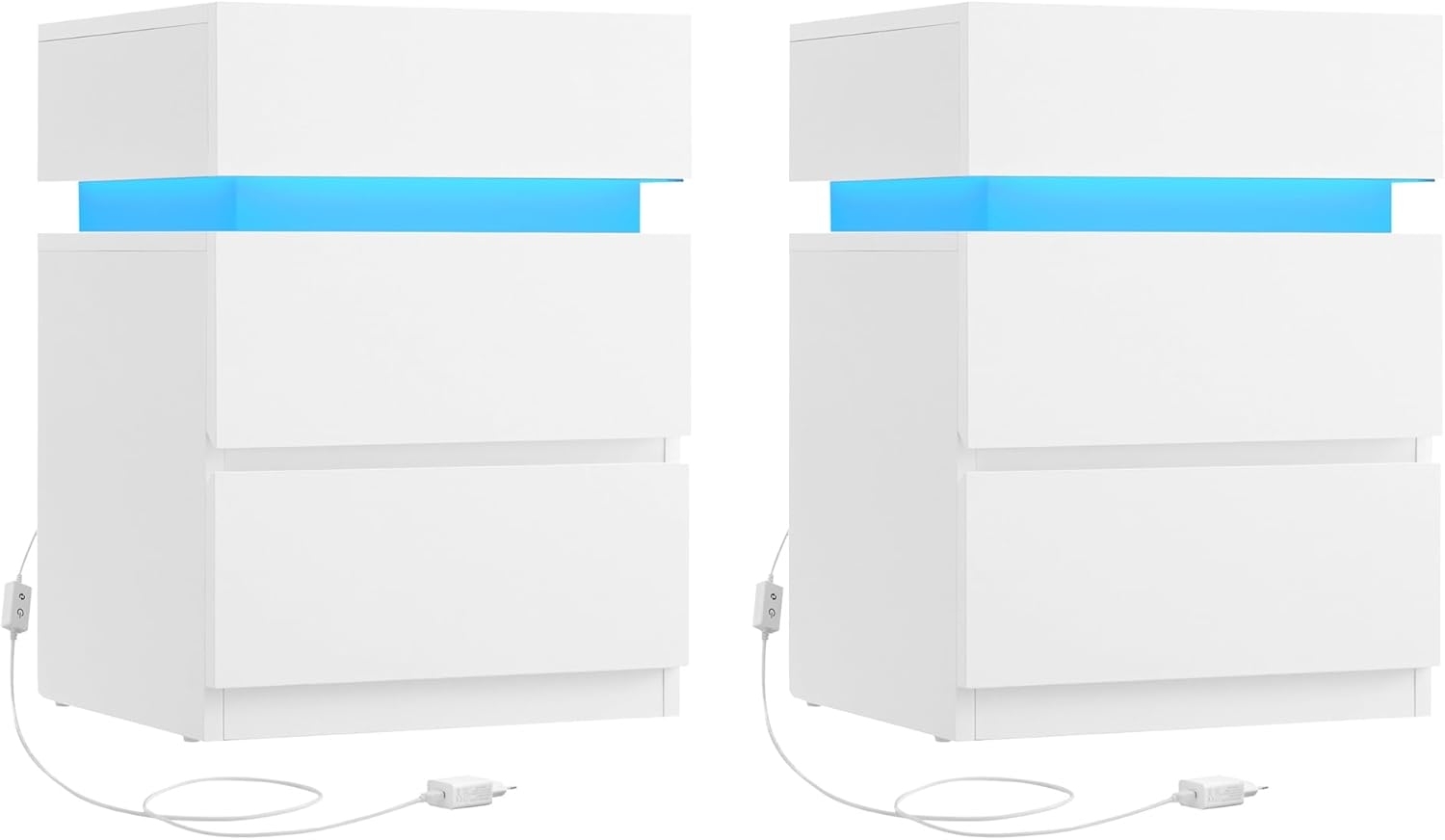 Vasagle Nachttisch, 2 Stück, mit 3 Schubladen & LED-Beleuchtung, einstellbare Farben, Holz weiß, 35 x 40 x 55 cm Bild 1