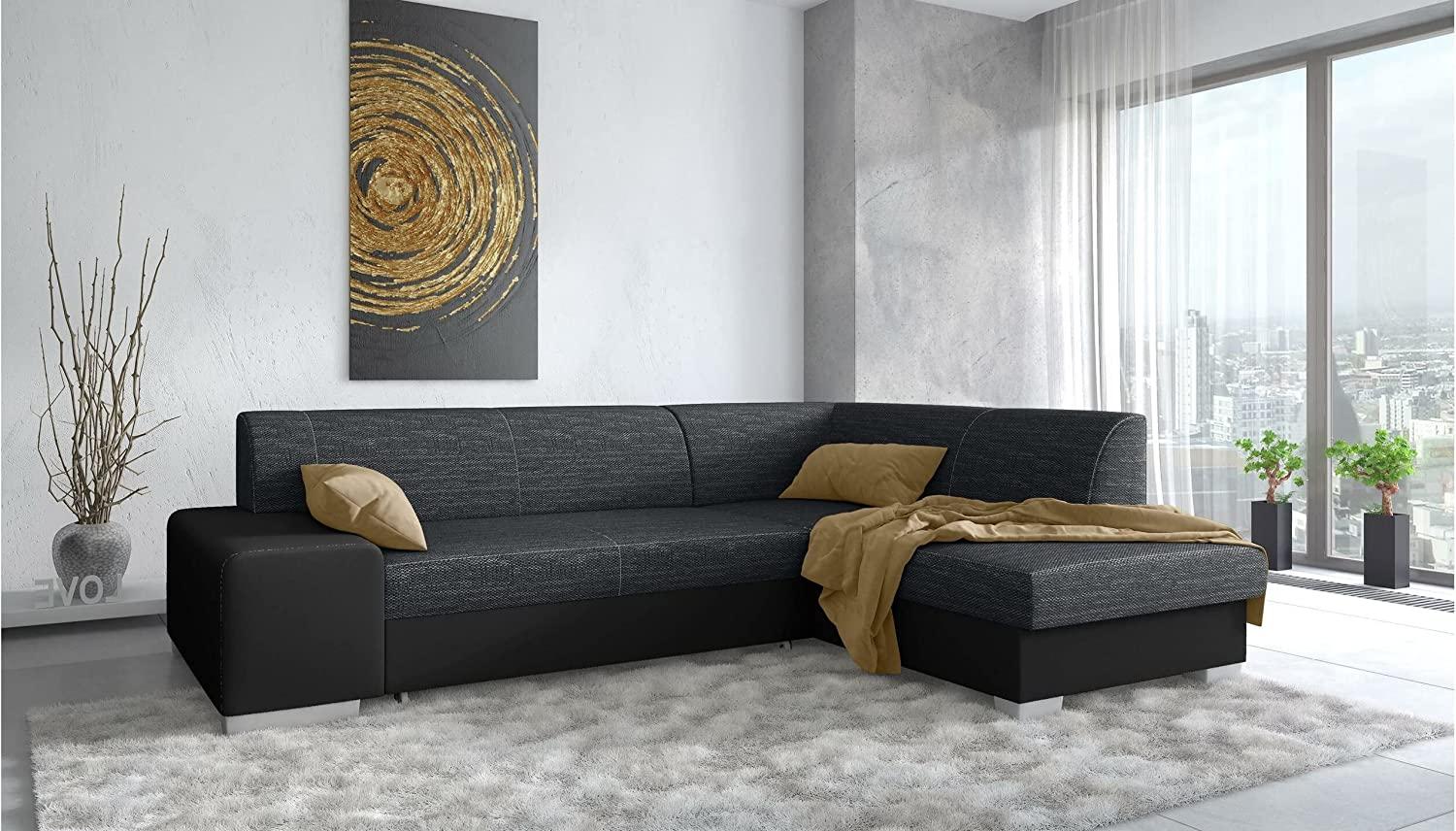 Stylefy Panaro Ecksofa Kunstleder MADRYT Strukturstoff BERLIN Schwarz Schwarz Rechts mit Bild 1