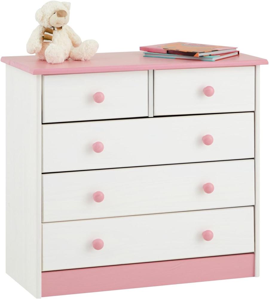 IDIMEX Kommode Rondo, schöne Anrichte mit 5 Schubladen, praktisches Sideboard aus massiver Kiefer in weiß/rosa, Zeitlose Schubladenkommode mit Holzgriffe Bild 1