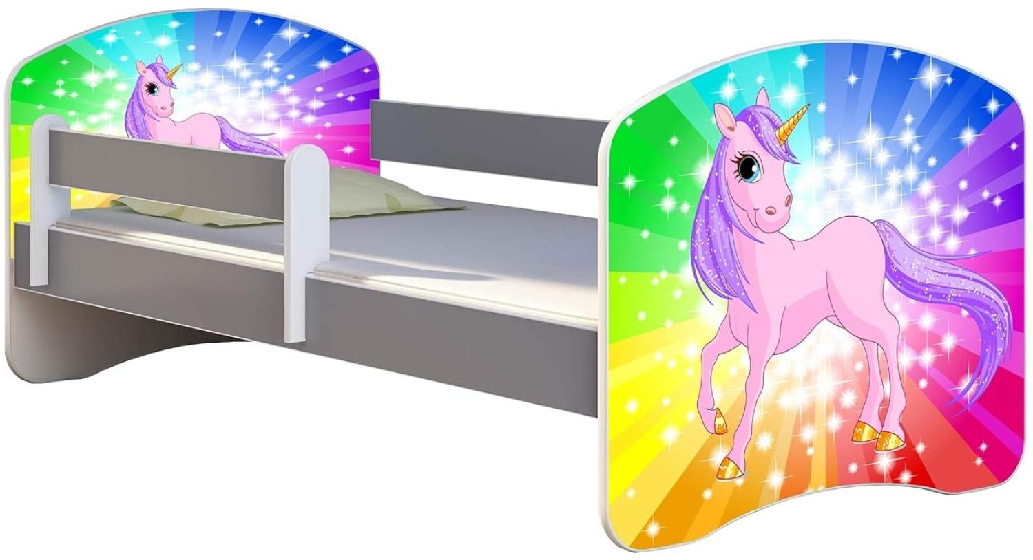 ACMA Kinderbett Jugendbett mit Einer Schublade und Matratze Grau mit Rausfallschutz Lattenrost II (18 Pony Regenbogen, 140x70) Bild 1