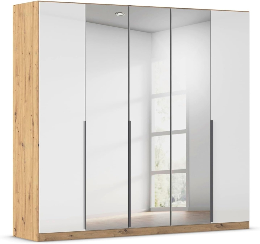 Rauch Möbel Alabama, Kleiderschrank, Garderobenschrank, 5-türig, Spiegel, Zubehör Basic, 3 Kleiderstangen, 3 Einlegeböden, Farbe Hochglanz Weiß/Eiche Artisan, Holz, Griff Grau metallic, 226 x 210 x 54 cm Bild 1