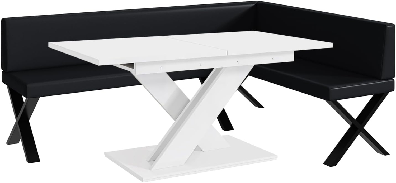 MEBLINI Eckbank für Esszimmer mit ausziehbarem Tisch - Küchenbank - Essecke - Sitzecke Küche - TONI - X-Beine 142x196x87cm Rechts - Schwarz Kunstleder/B Weiß Matt Bild 1
