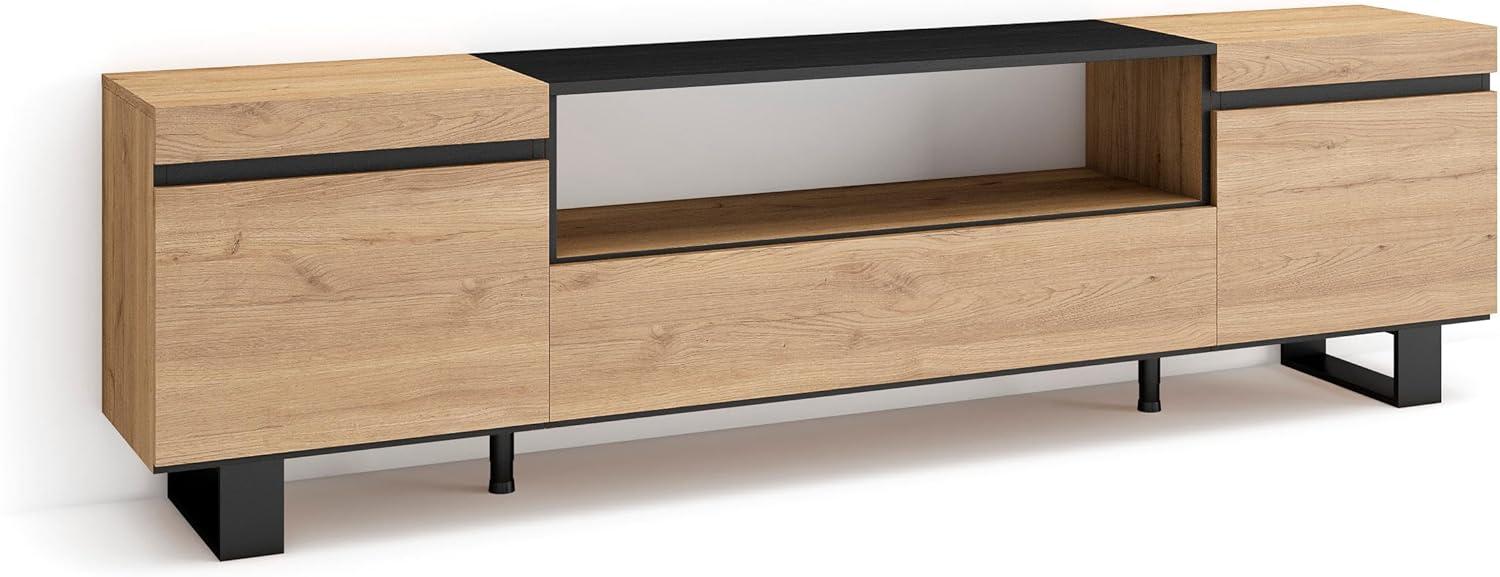 Skraut Home | TV-Schrank, Lowboard | für Wohnzimmer und Esszimmer | 200x57x35cm | Für TV-Geräte bis zu 80" | Industriedesign | Moderner Stil | Eiche Schwarz Bild 1