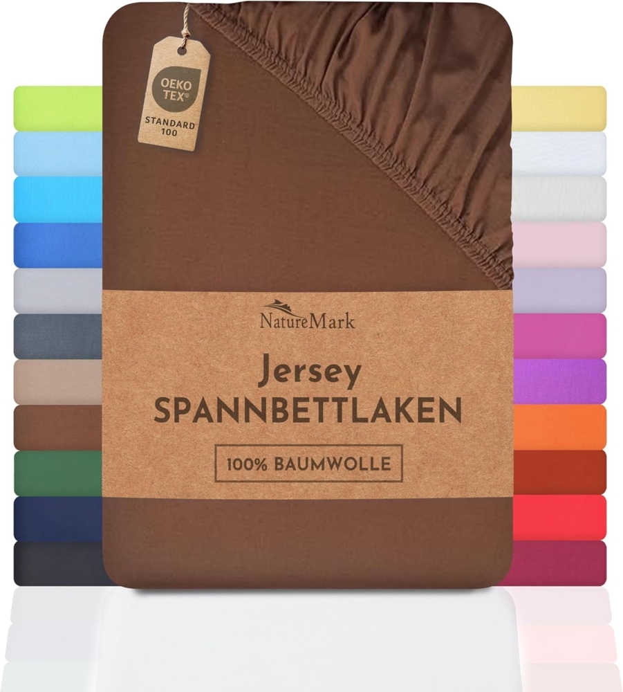 NatureMark Jersey Spannbettlaken, Spannbetttuch 100% Baumwolle in vielen Größen und Farben MARKENQUALITÄT ÖKOTEX Standard 100 | 200x220 cm +40 Steg - Schoko braun Bild 1