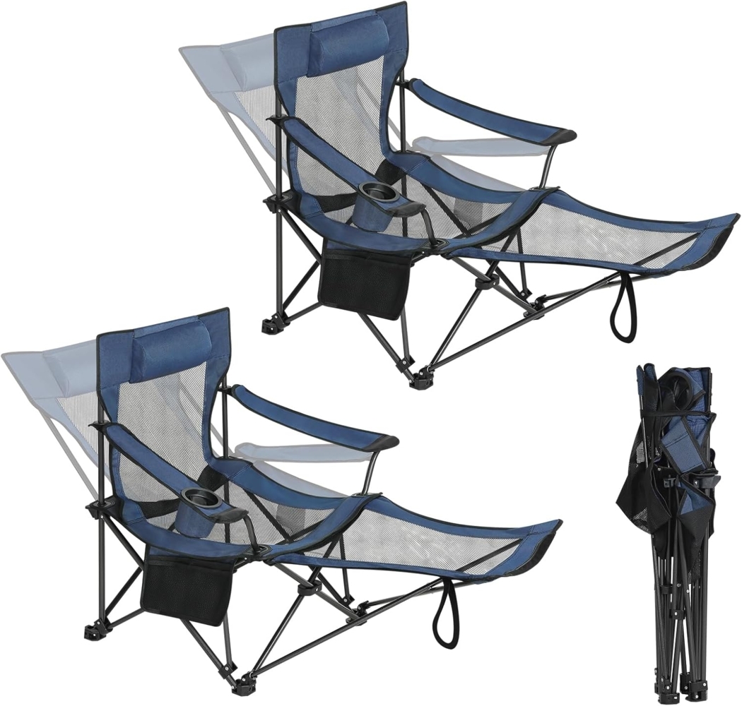 eSituro Faltstuhl Klappstuhl Campingstuhl klappbar, 2er Set, bis 150 kg, Angelstuhl Anglersessel faltbar, Campingliege mit Getränkehalter & Tragetasche,Blau Bild 1
