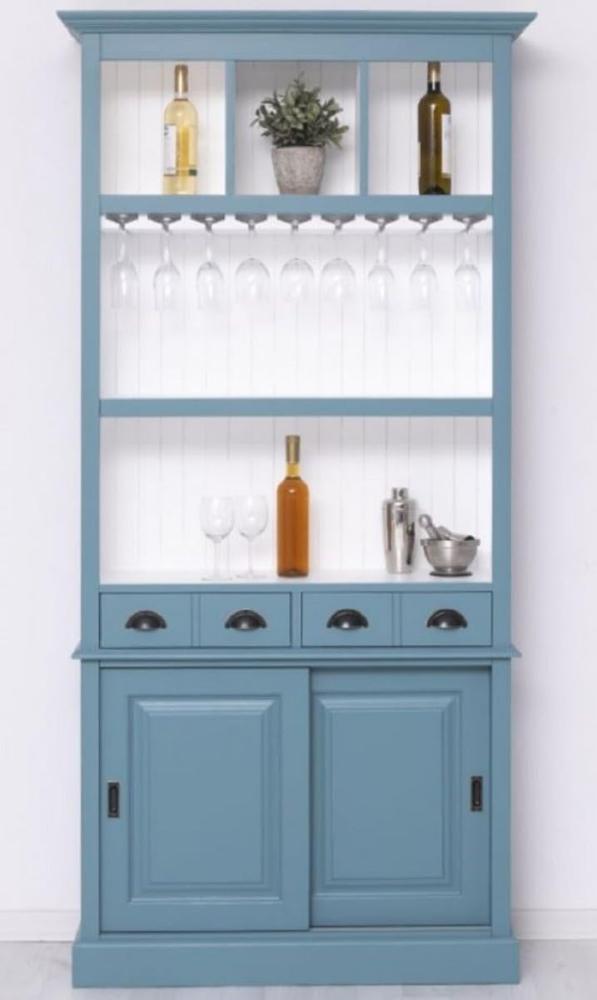 Casa Padrino Landhausstil Massivholz Barschrank Blau / Weiß 103 x 36 x H. 210 cm - Massivholz Weinschrank im Landhausstil - Massivholz Bar Möbel - Landhausstil Bar Möbel Bild 1