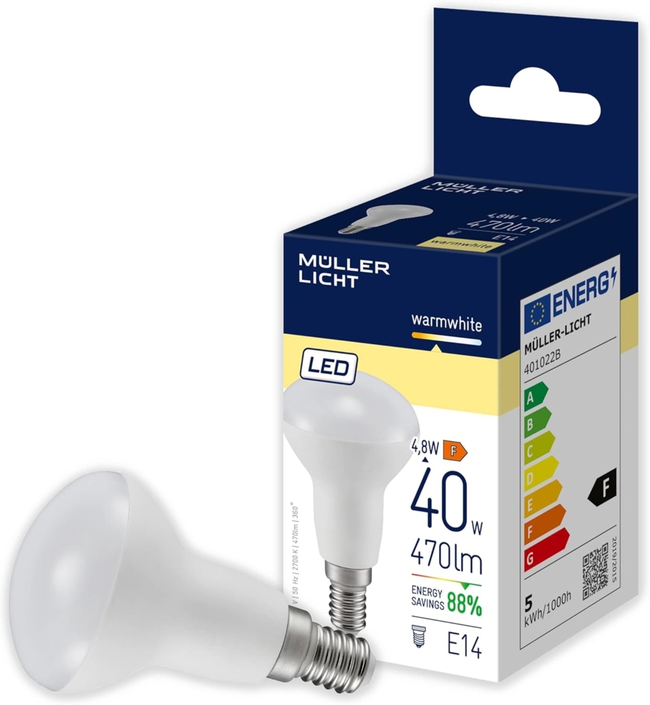 Müller-Licht Essentials LED Lampe Reflektor E14, warmweißes Licht (2700K), 4,8W ersetzt 40W, 470lm, Weiß Bild 1