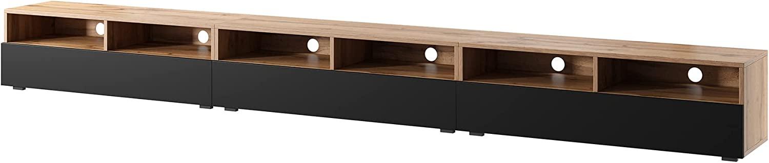 Selsey REDNAW - TV-Schrank/modernes TV-Board mit DREI Schubladen, stehend/hängend, 300 cm breit (Wotan Eiche Matt/Schwarz Hochglanz ohne LED) Bild 1