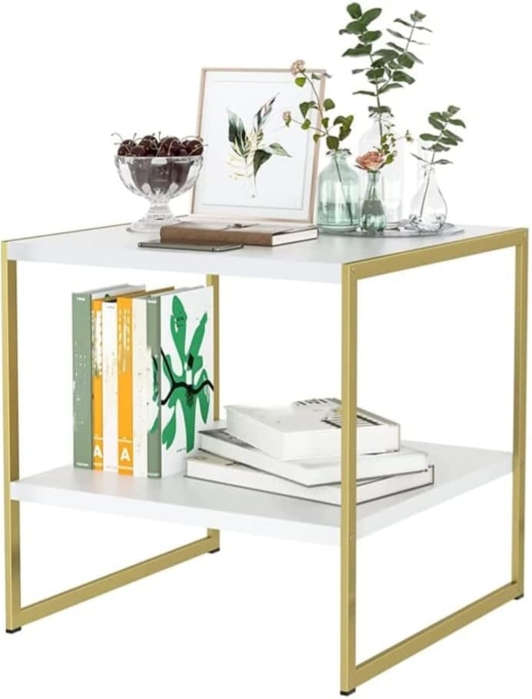 Beistelltisch mit 2 Ablagen Nachttisch Couchtisch im skandinavisch Stil Telefontisch aus Holz und Metall Weiß Gold 50 x 50 x 50 cm Bild 1