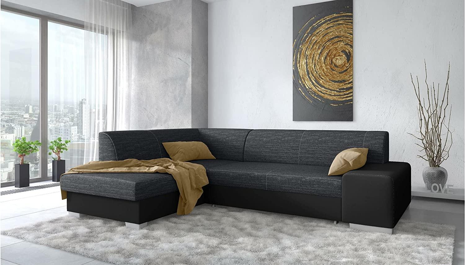 Stylefy Panaro Ecksofa Kunstleder MADRYT Strukturstoff BERLIN Schwarz Schwarz Links mit Bild 1