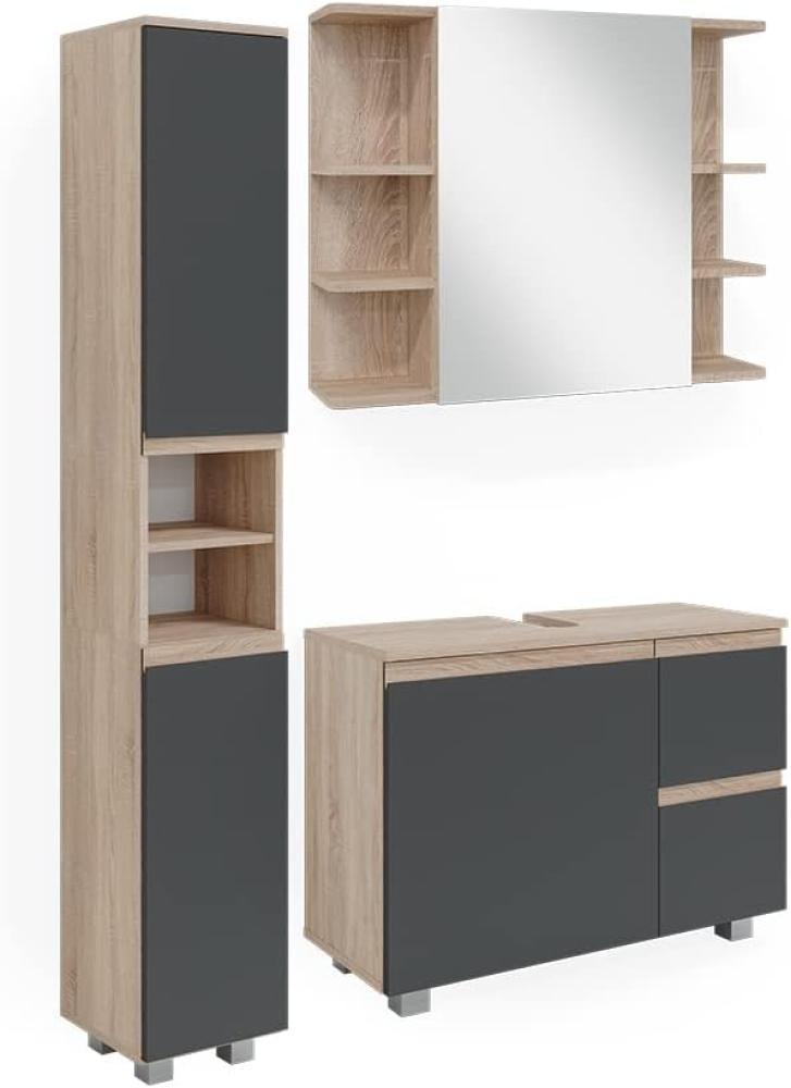 Vicco Badmöbelset J-shape Sonoma Anthrazit modern Badezimmer Schrank Badschrank Waschtischunterschrank Spiegelschrank Hochschrank Schranktür Schrankschublade Schrankfach Ablage Aufbewahrung Bild 1