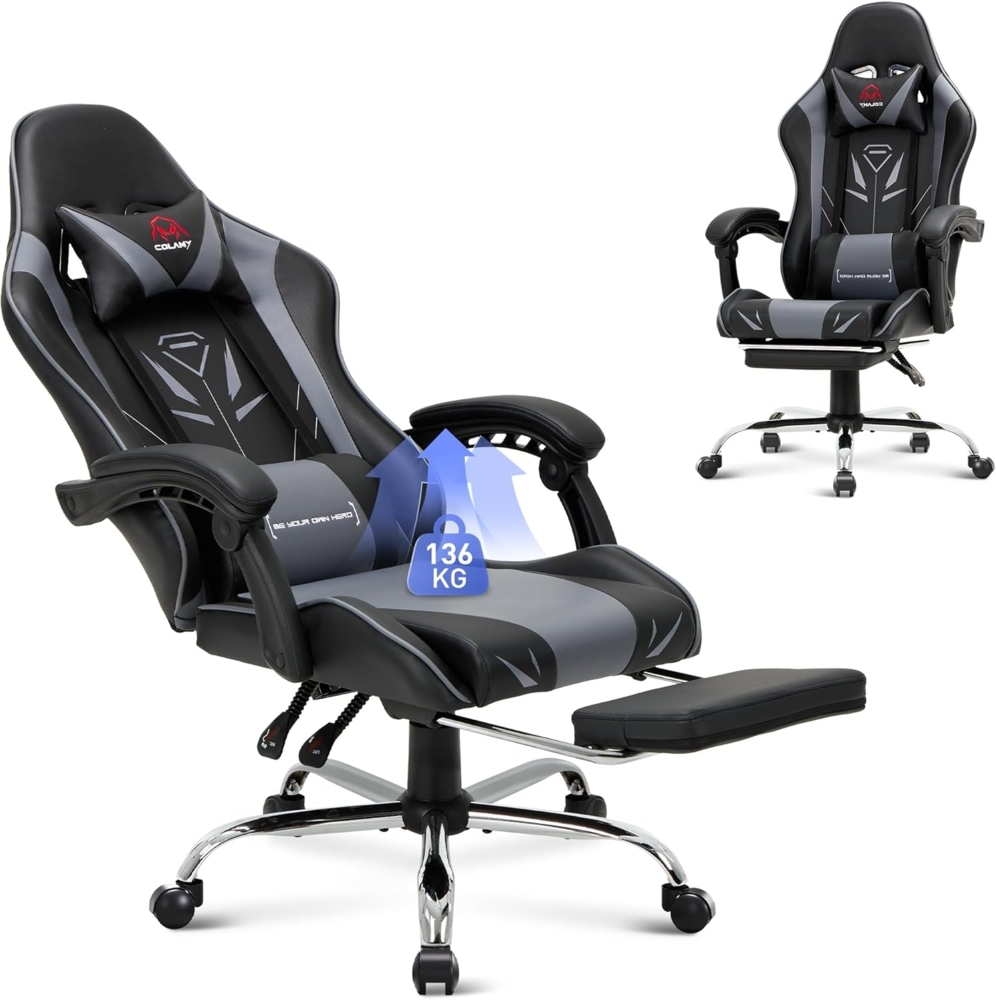 COLAMY Gaming Stuhl, Computer Stuhl mit Fußstütze und Lendenwirbelstütze, höhenverstellbarer Gaming Chair mit 360°-Drehsitz und Kopfstütze, Video Gamer PC Stuhl, Ergonomische hohe Rückenlehne, Grau Bild 1