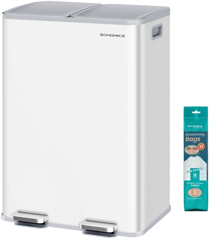 SONGMICS Mülleimer Küche, 2 x 30 Liter, 2 Fächer, Abfalleimer, Tretmülleimer, Küchenmülleimer mit Softclose-Deckel und Inneneimer, Stahl, inklusive 15 Müllbeutel Bild 1