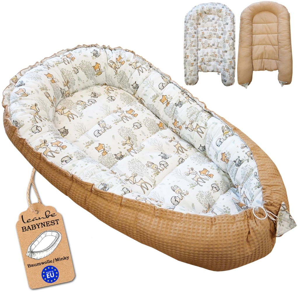 Leanbe Babynest 90x50 cm – Nestchen für Neugeborene aus Baumwolle & Polyester – Kuschelnest fürs Baby, ideal für Herbst & Winter – Babybett für Indoor & Outdoor (BEIGE) Bild 1