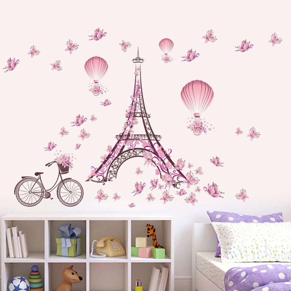 Wallpark Romantisch Rosa Schmetterling Paris Eiffelturm Blume Heißluft-Ballon Abnehmbare Wandsticker Wandtattoo, Kinder Kids Baby Hause Zimmer Kinderzimmer DIY Dekorativ Klebstoff Kunst Wandaufkleber Bild 1