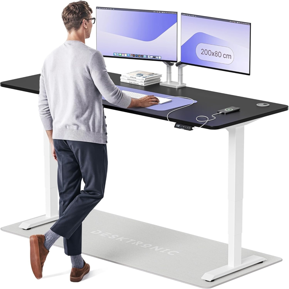Höhenverstellbarer Schreibtisch - Höhenverstellbar Elektrisch mit Flüsterleisem Dual-Motor & Touchscreen - Hohe Tragfähigkeit - Stehtisch von Desktronic, Weiß + Schwarz, 200x80 cm Bild 1