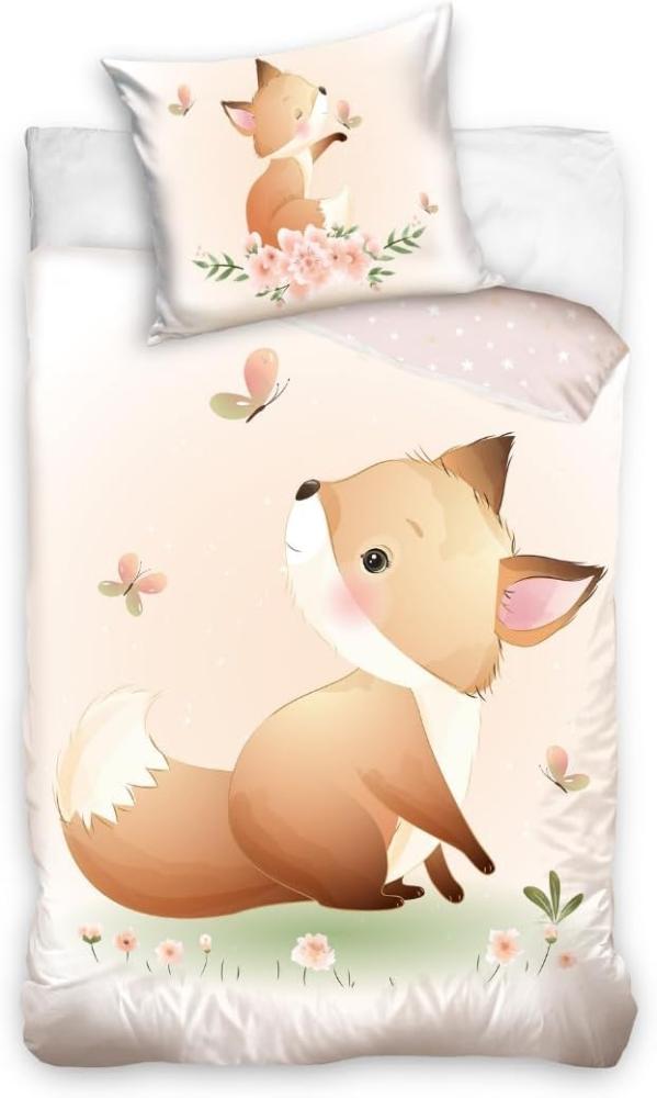 MTOnlinehandel Kinderbettwäsche Fuchs, Blumen & Sterne 135x200 + 80x80 cm, 100 % Baumwolle, Satin, 2 teilig, mit YKK Reißverschluss · sanft, weich für Mädchen & Teenager Bild 1