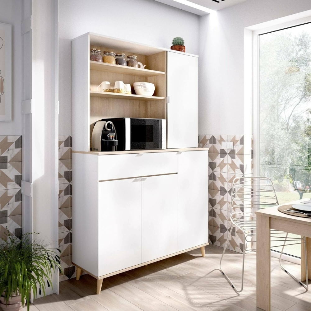 Dmora - Sparavero-Sideboard, Wohnzimmer-Pantry-Buffet, modernes Wohnzimmer-Sideboard mit 4 Türen, 120 x 40 x 191 cm, Weiß und Eiche Bild 1