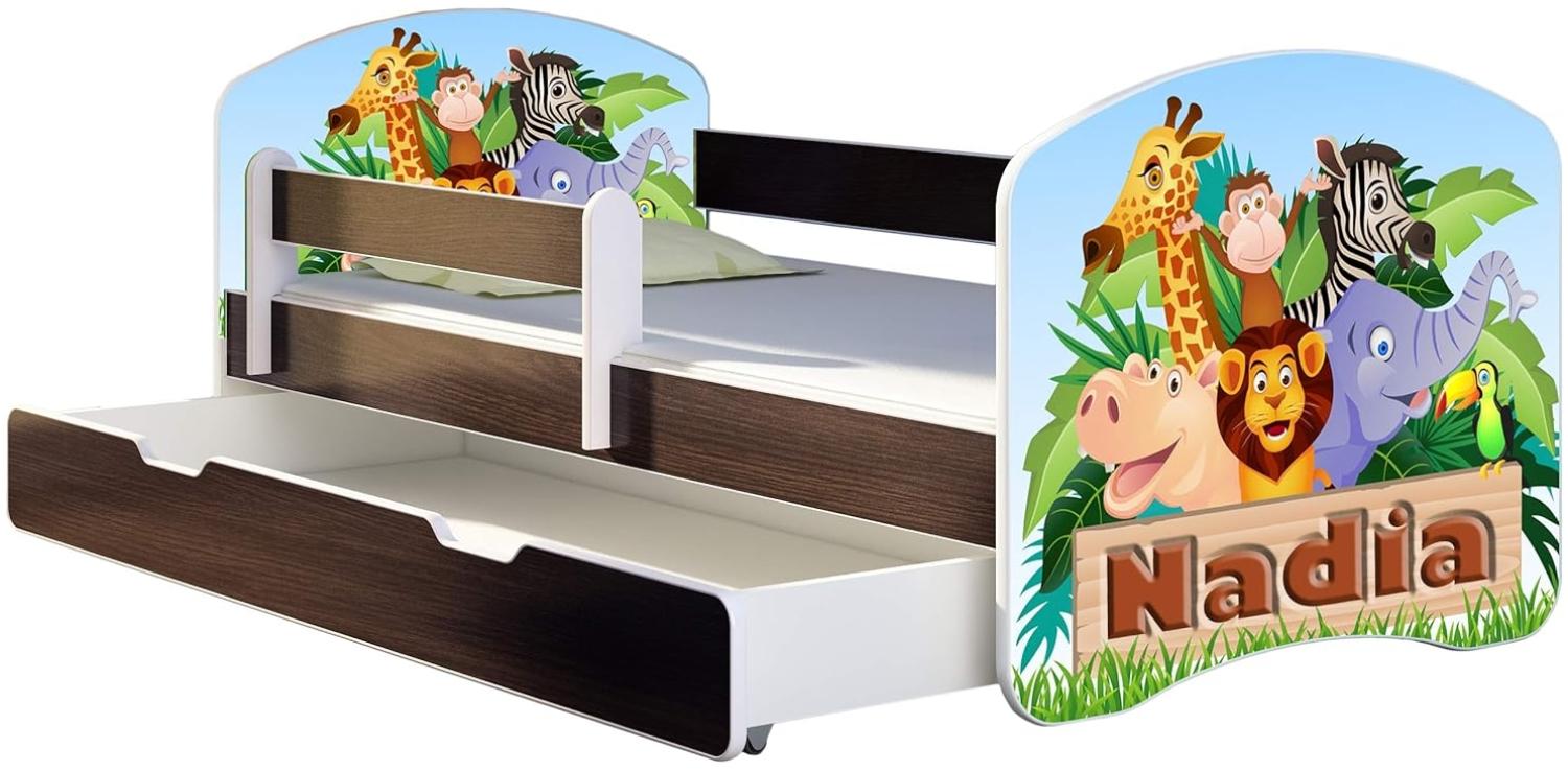 ACMA Kinderbett Jugendbett mit Einer Schublade und Matratze Wenge mit Rausfallschutz Lattenrost II 140x70 160x80 180x80 (02 Animals name, 140x70 + Bettkasten) Bild 1