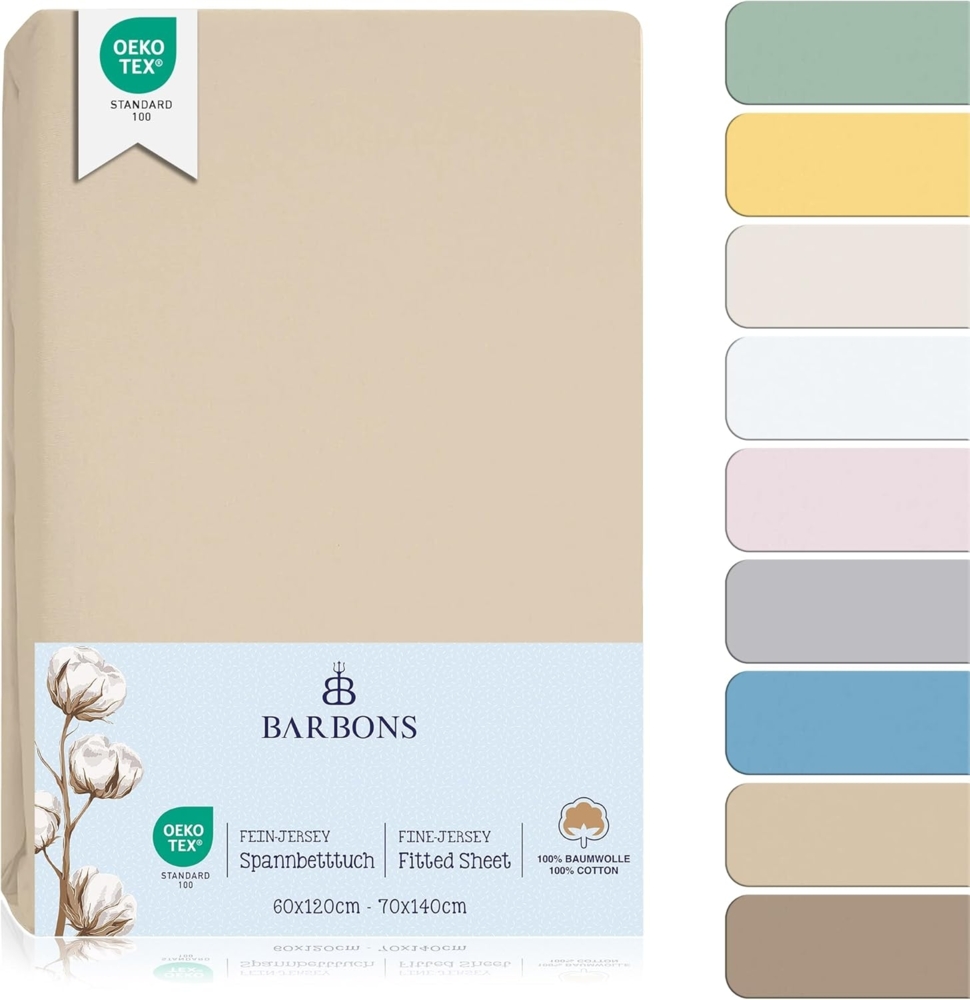 BARBONS Spannbettlaken für Baby Kinderbett 60x120 / 70x140-100% Jersey Baumwolle Spannbetttuch Oeko-TEX Standard 100 Zertifiziert Bettlaken für Babybett - Sand 60x120/70x140 cm 2er Bild 1