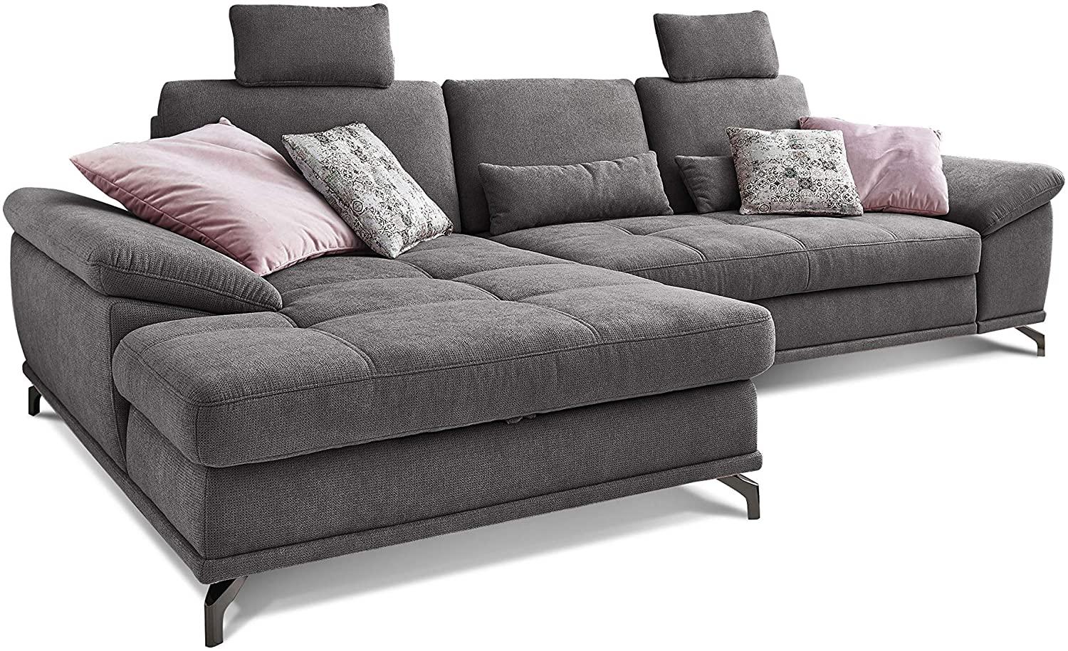 Cavadore L-Form-Sofa Castiel mit Federkern / Großes Schlafsofa in L-Form mit Bettkasten, Sitztiefenverstellung, Kopfstützen und XL-Longchair / 312 x 114 x 173 / Webstoff, Grau Bild 1