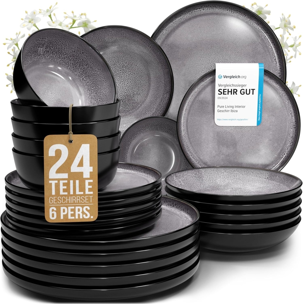 Steingut Geschirrset 6 Pers. Ibiza 24-tlg Hochwertiges Mediterranes TEST SEHR GUT Steingut Geschirr Set - Schüssel- und Teller Set - Tafelservice 6 Personen Geschirrsets Pure Living in Grau Bild 1