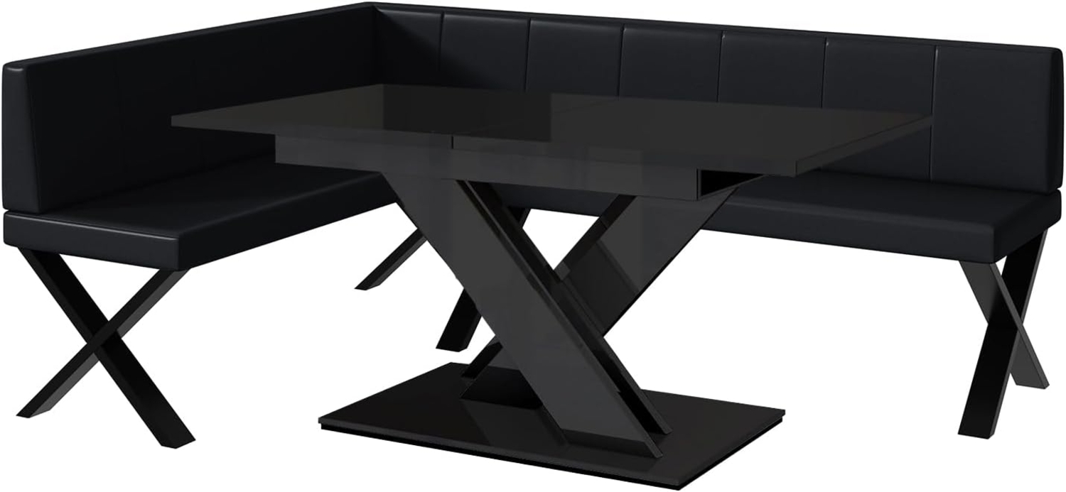 MEBLINI Eckbank für Esszimmer mit ausziehbarem Tisch - Küchenbank - Essecke - Sitzecke Küche - PETER - X-Beine 142x196x87cm Links - Schwarz Kunstleder/B Schwarz Hochgl. Bild 1