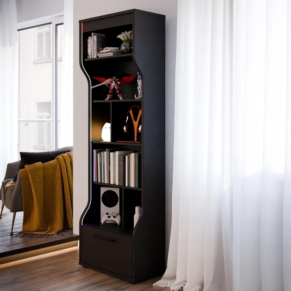 Forte Pittsfield Regal 60, Hohes Regal mit 1 Schublade und 4 Regalböden, Holzwerkstoff, Schwarz, 59,8 cm breit, 189,6 cm hoch, 33 cm tief Bild 1