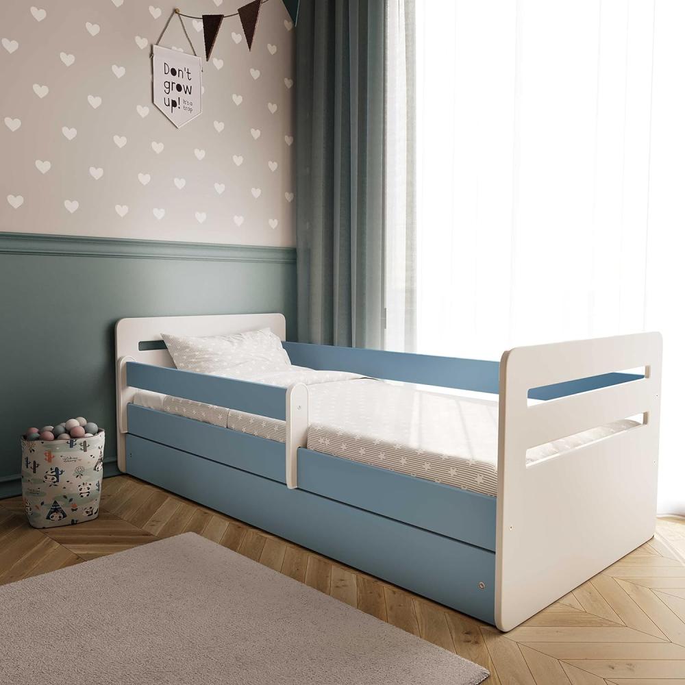 Kinderbett Jugendbett Blau mit Rausfallschutz Schubalde und Lattenrost Kinderbetten für Mädchen und Junge - Tomi 80x160 cm Bild 1