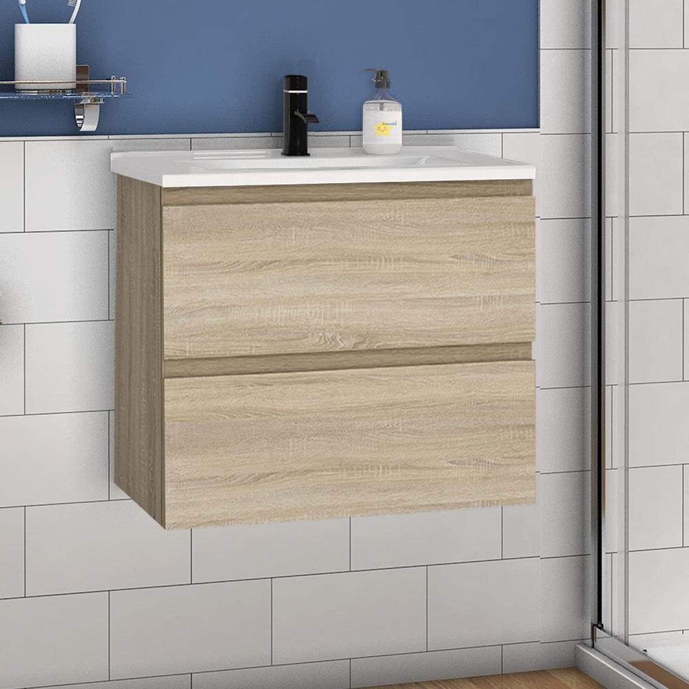 Waschtisch mit Unterschrank 60 cm Badmöbel Set mit Waschbecken Keramik dünn Gäste WC Eiche Matt Bild 1