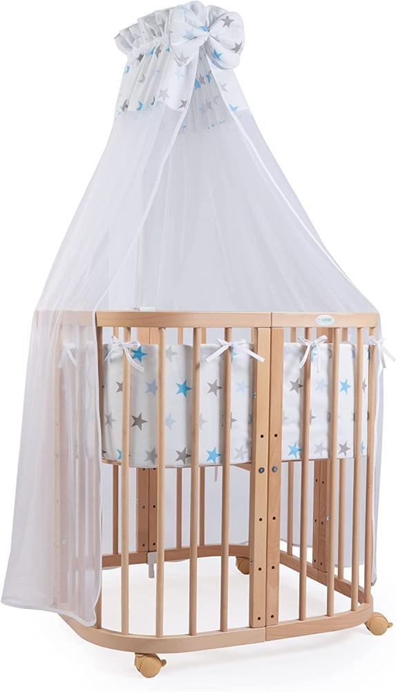 Waldin Babybett aus Holz 7in1 mit Matratze, mitwachsendes Kinder-Bett, belüftet, Boden 5-fach verstellbar, All-Inclusive-Set Holz natur, Stoffe Sterne blau Bild 1