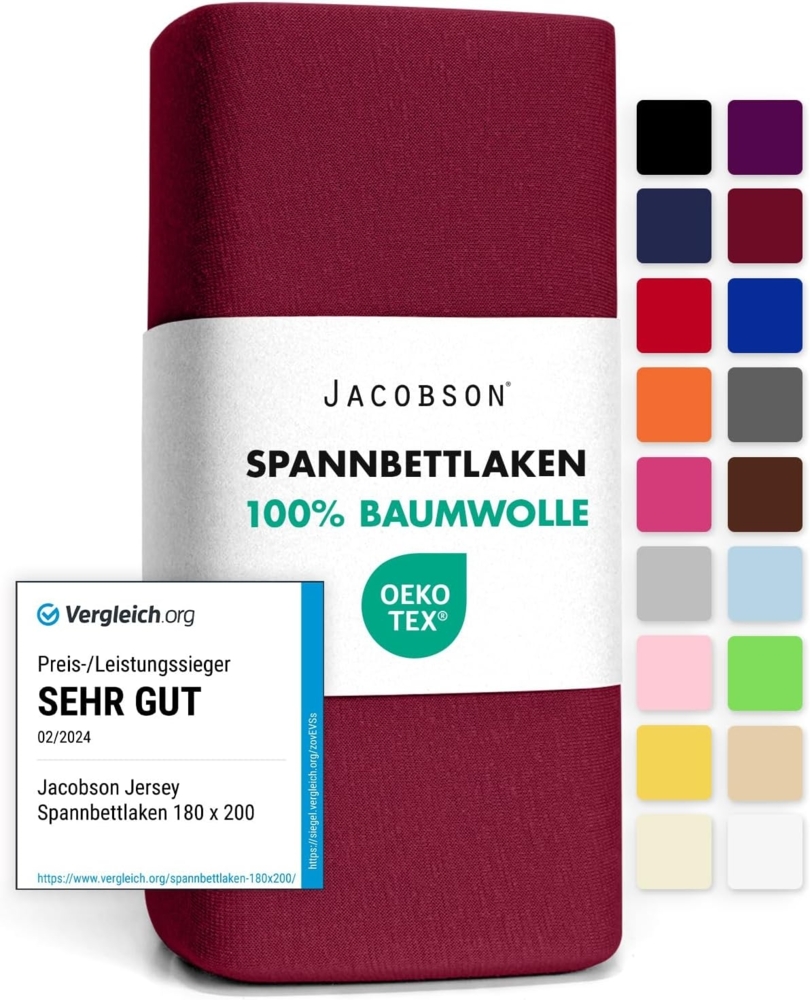 Jacobson Jersey Spannbettlaken Spannbetttuch Baumwolle Bettlaken (90x200-100x200 cm, Bordeaux) Bild 1