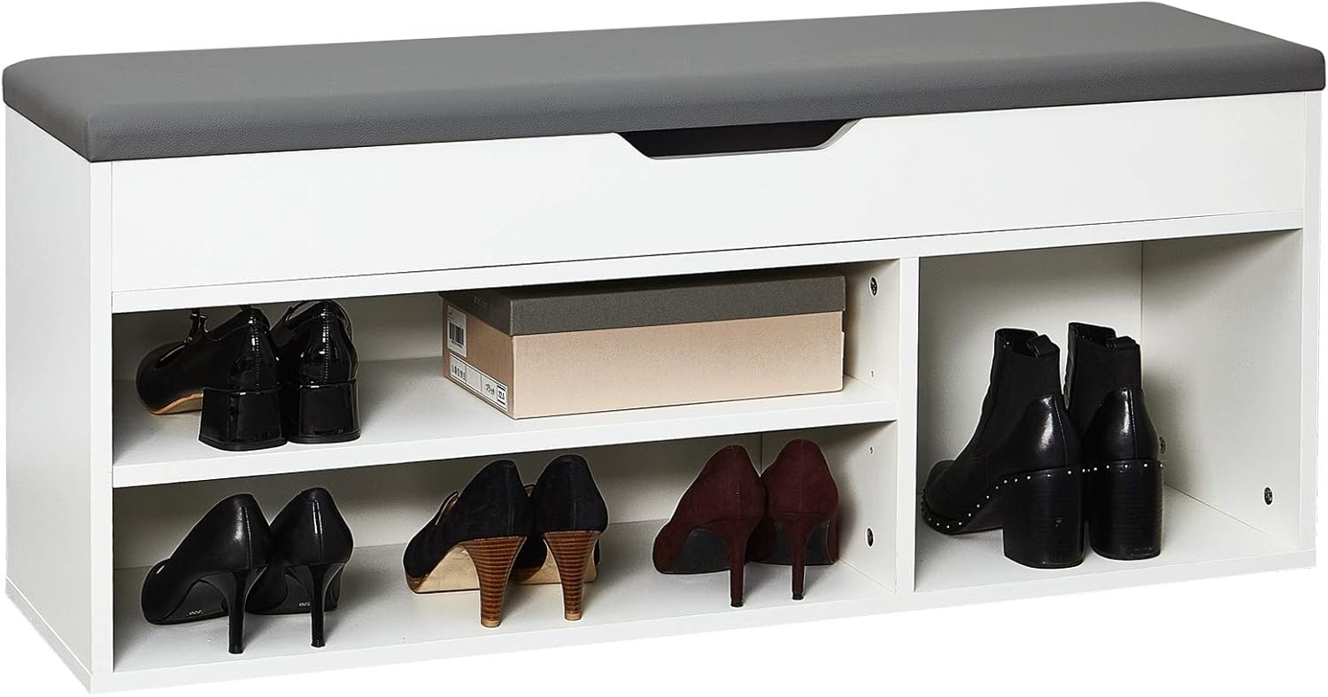 Meerveil Schuhbank aus E1 Holzspanplatte, Aufklappbare Schuhschrank mit Sitzkissen, Flur Schuhregal 104 x 45 x 30 cm (Weiß), H1071SB02WT, 104D x 30W x 45H cm Bild 1