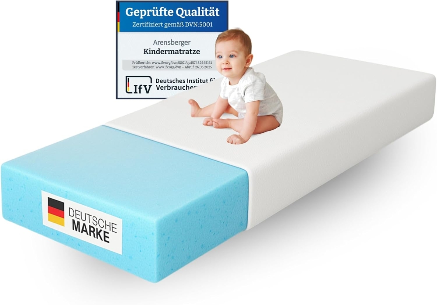 Arensberger Kindermatratze Babymatratze NORA | 60x120cm | Bezug waschbar & abnehmbar | punktelastischer Gelschaum | Jugendmatratze, allergikerfreundlich premium Bezug Bild 1