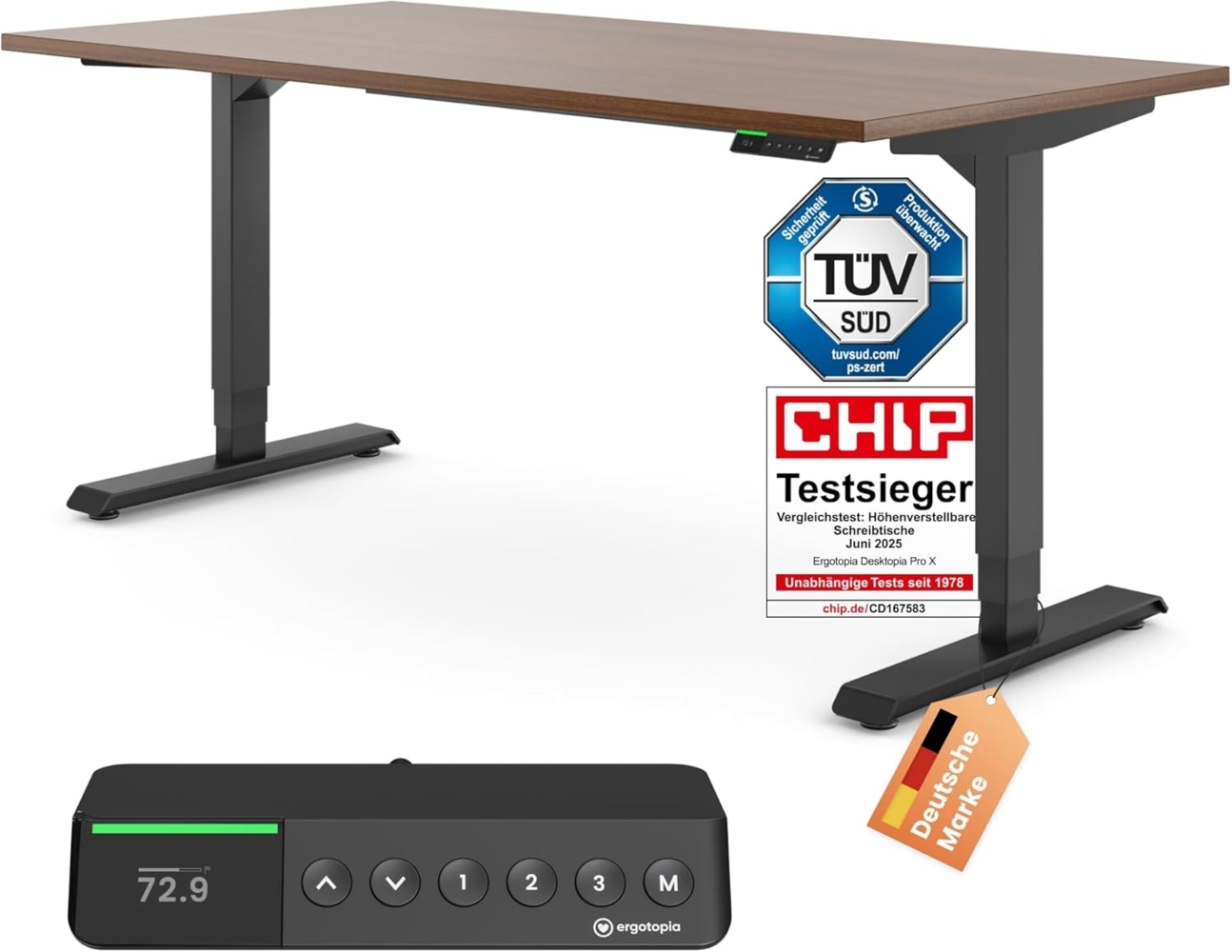 Desktopia Pro X - Elektrisch höhenverstellbarer Schreibtisch / Ergonomischer Tisch mit Memory-Funktion, Nussbaum, Gestell Schwarz, 180x80 cm Bild 1