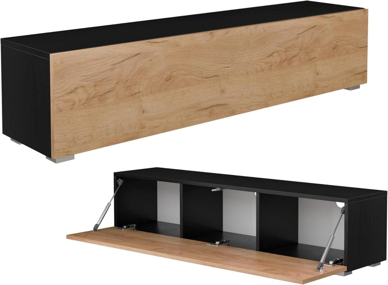 PLATAN ROOM Fernsehschrank TV-Lowboard 105/140 / 160/210 / 280 In Weiß Hängend Oder Stehend Hochglanz Matt (140 x 30 x 32, Schwarz Matt/Eiche Gold) Bild 1