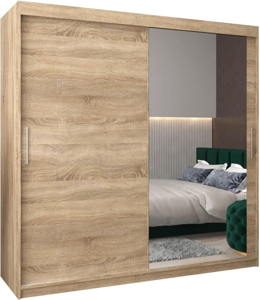 Kryspol Schwebetürenschrank Tokyo 2-200 cm mit Spiegel Kleiderschrank mit Kleiderstange und Einlegeboden Schlafzimmer- Wohnzimmerschrank Schiebetüren Modern Design (Sonoma) Bild 1