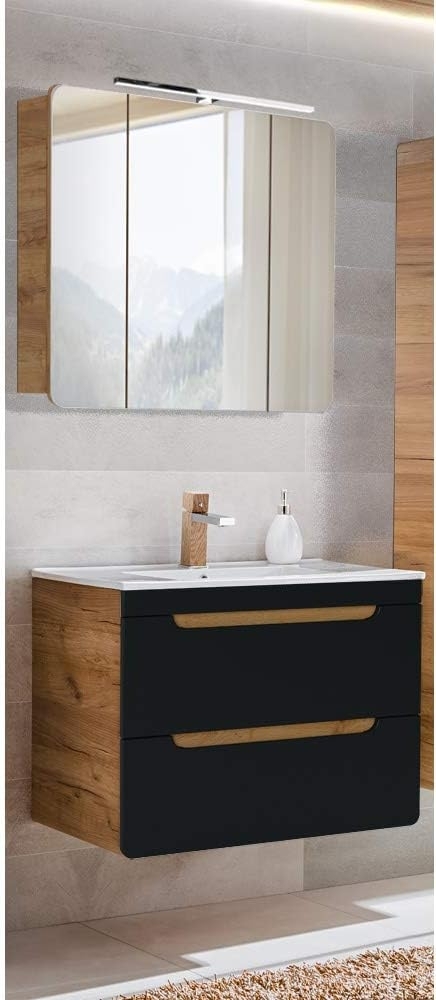 Badmöbel Waschplatz Set in seidenmatt anthrazit mit Wotan Eiche Nb. NEW-LUTON mit 81 Keramik-Waschtisch, B/H/T ca. 81/200/46 cm Bild 1
