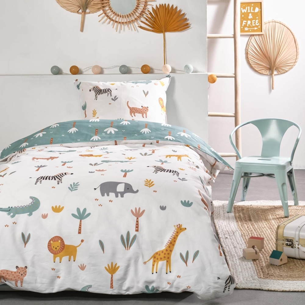 Kinderbettwäsche Set Afrika Safari mit Tieren Hell Blau 135x200 80x80 cm aus 100% Baumwolle mit Reißverschluss Bild 1