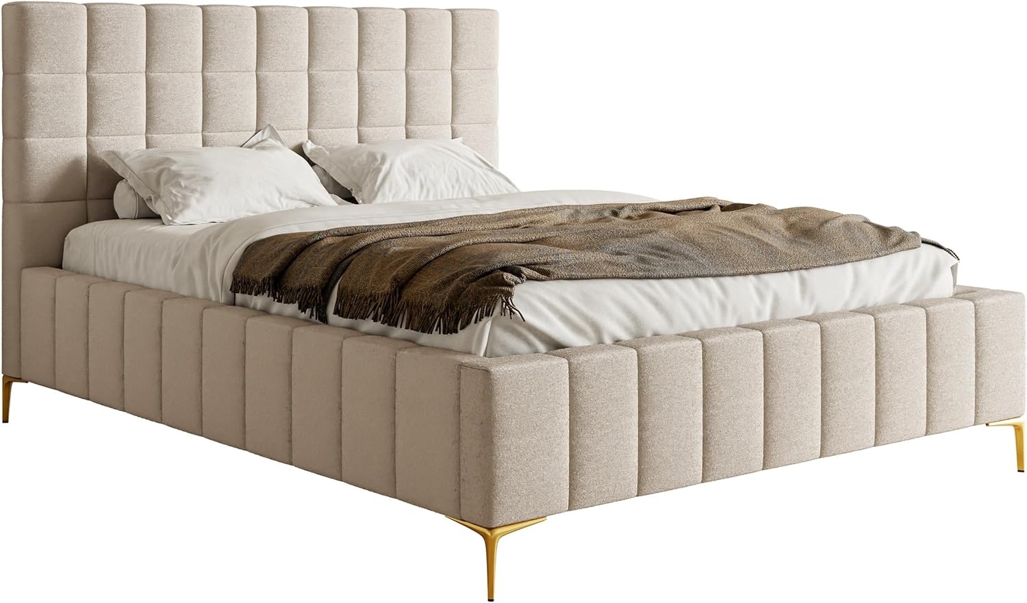 Selsey Bett Polsterbett Doppelbett 180x200 cm Mit Bettkasten Metallrahmen Goldene Beine Gasdruckfeder Schlafbett Chenille Graubeige Szejlo Bild 1