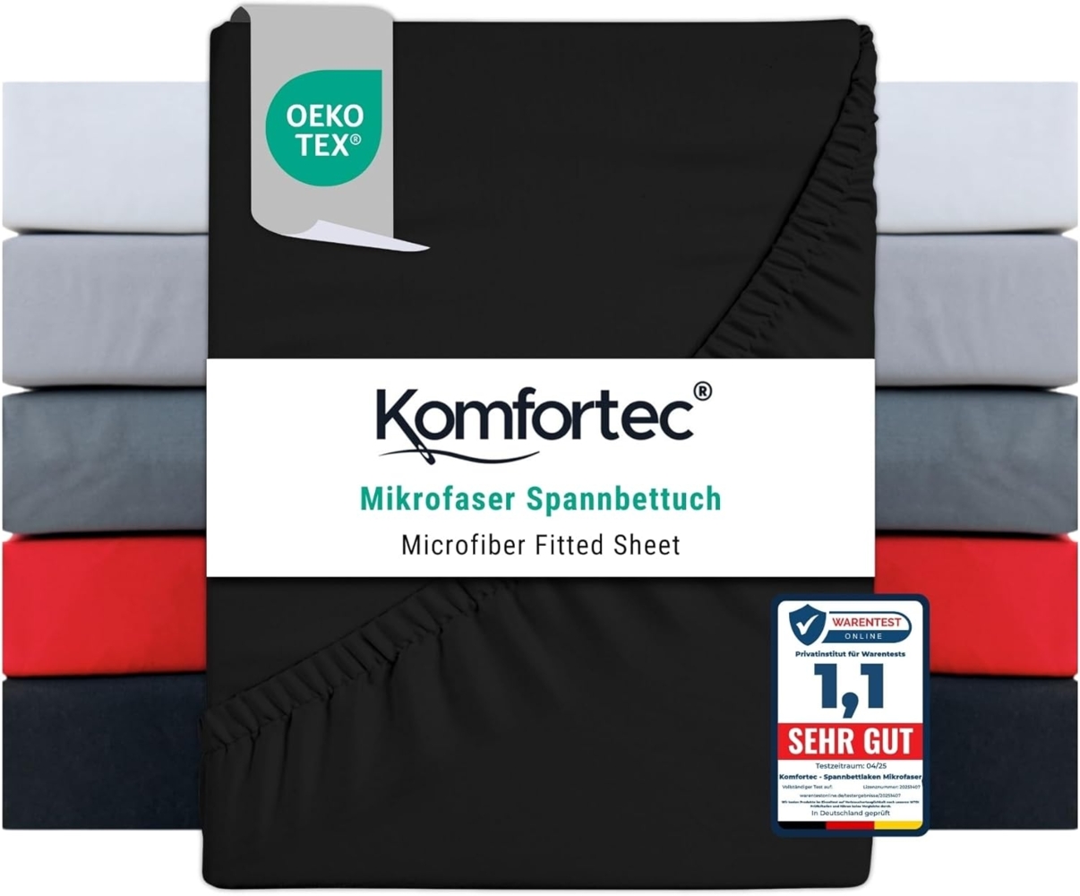 Komfortec Mikrofaser Spannbettlaken 90x200 cm – Weiches Spannbetttuch mit Rundumgummi – Fitted Sheet für Matratzen bis 30 cm – Schwarz – Oeko-Tex – Pflegeleicht & Hautfreundlich – 90g/m² Bild 1
