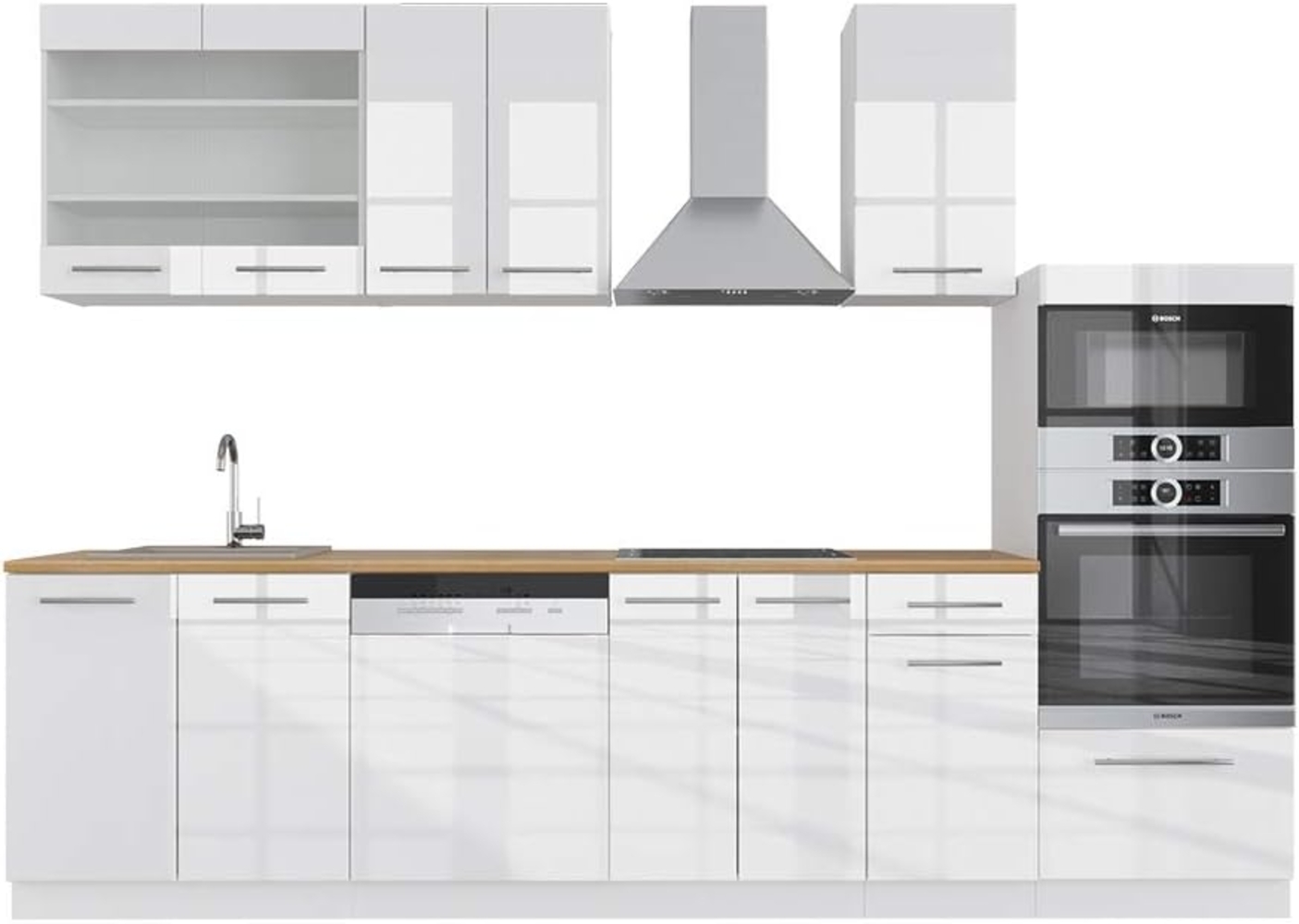 Küchenzeile Fame-Line Weiß Hochglanz/Weiß 300 cm mit Hochschrank, ohne Arbeitsplatte Vicco Bild 1