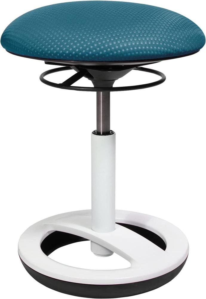 Topstar Sitness Bob, ergonomischer Sitzhocker, Arbeitshocker, Bürohocker mit Schwingeffekt, Sitzhöhenverstellung, Standfußring Alu, weiß lackiert, Stoffbezug, Petrol blau Bild 1