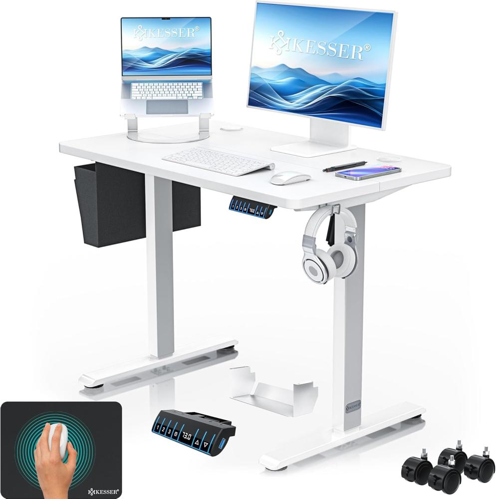 KESSER® Höhenverstellbarer Schreibtisch elektrisch | Ergonomisch Steh-Sitz Schreibtisch | 3-Funktions-Memory Steuerung | Inkl. 360° Rollen & USB-Ladeanschluss | Computertisch für Homeoffice Weiß, 100 x 60 cm Bild 1