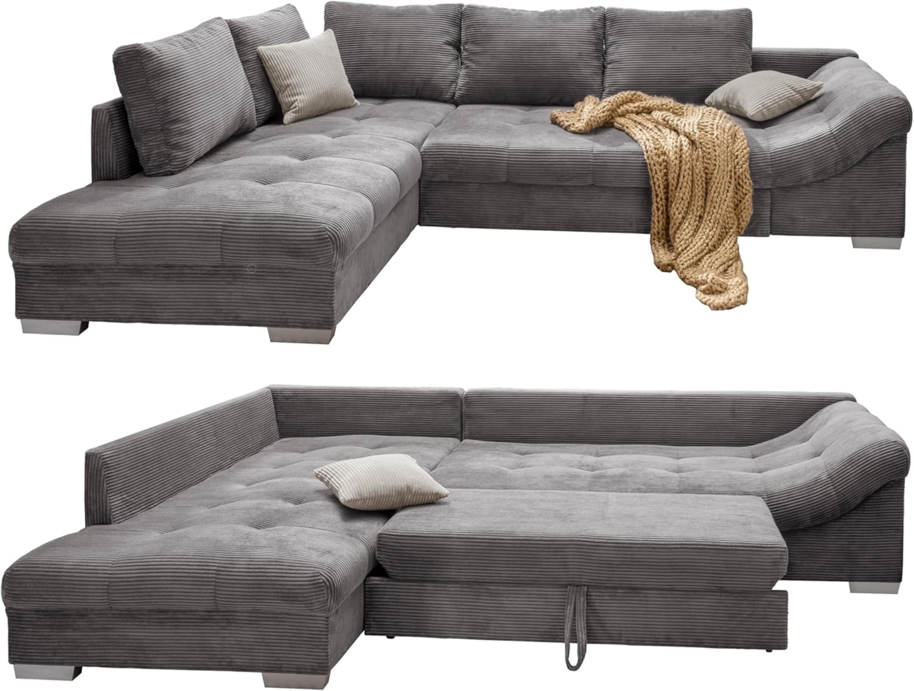 luma-home Ecksofa 17202, mit Bettfunktion 298x202 cm, Wellenunterfederung, Ottomane links, Bezug Cord Grau Bild 1